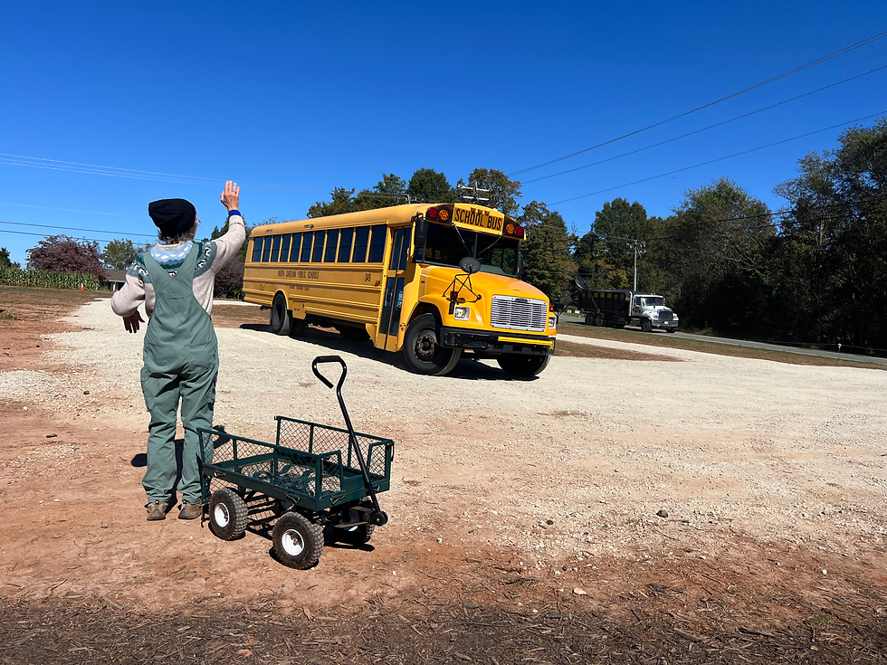A person waving at a yellow school bus at Stas Farm.