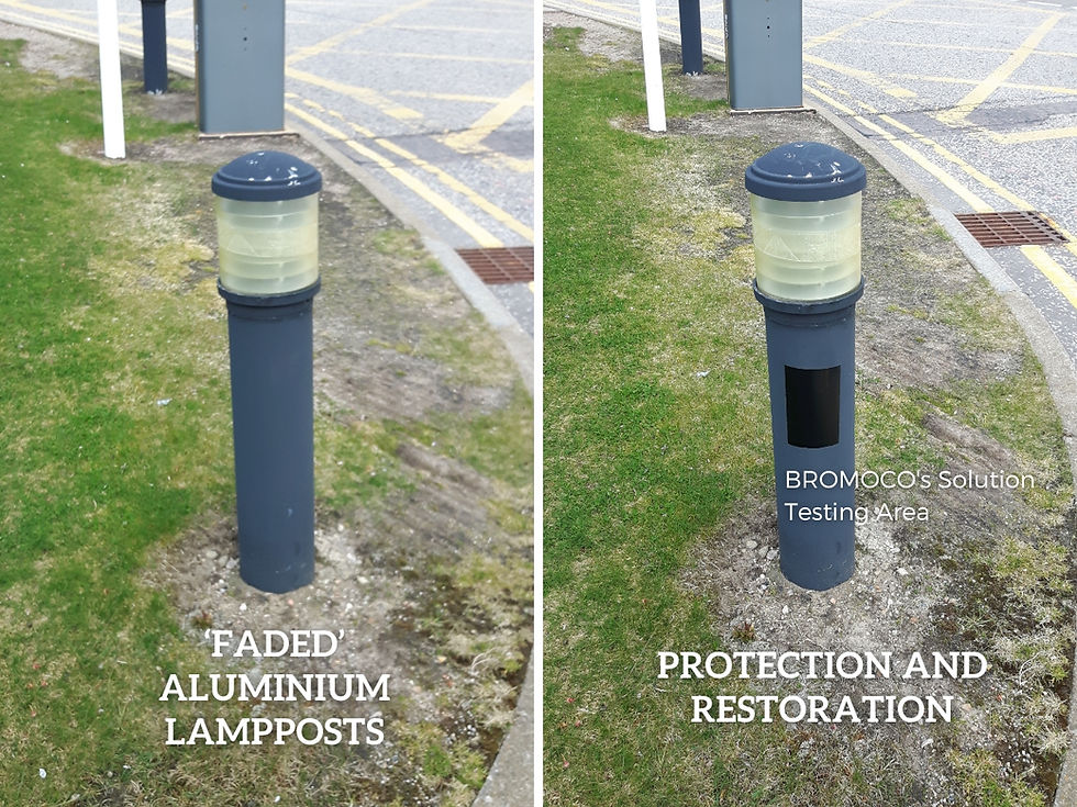 Two lamp posts: left faded, right restored. Green grass, pavement background. Text: 'Faded Aluminium Lampposts' and 'Protection and Restoration'.