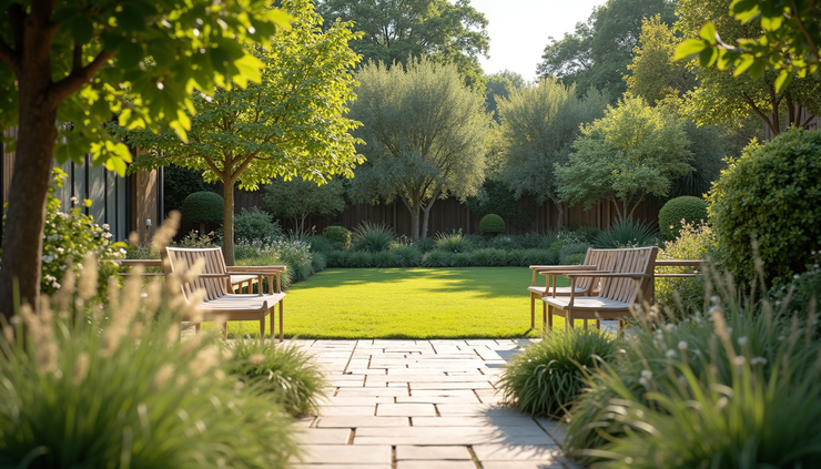 Eye-level view of a peaceful garden space with seating areas designed for group support sessions