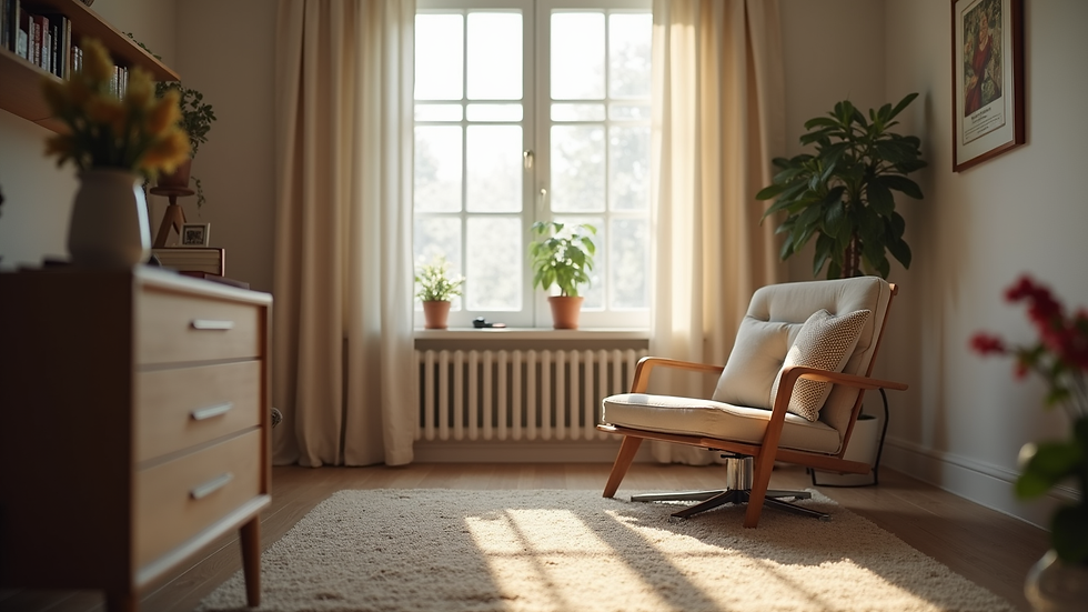 Eye-level view of a cozy living room with a comfortable chair and soft lighting