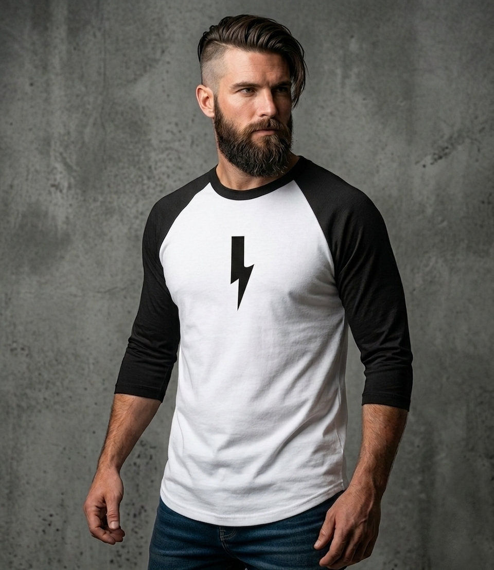 3/4 sleeve raglan t-shirt with lightning design by Rocken worn by model