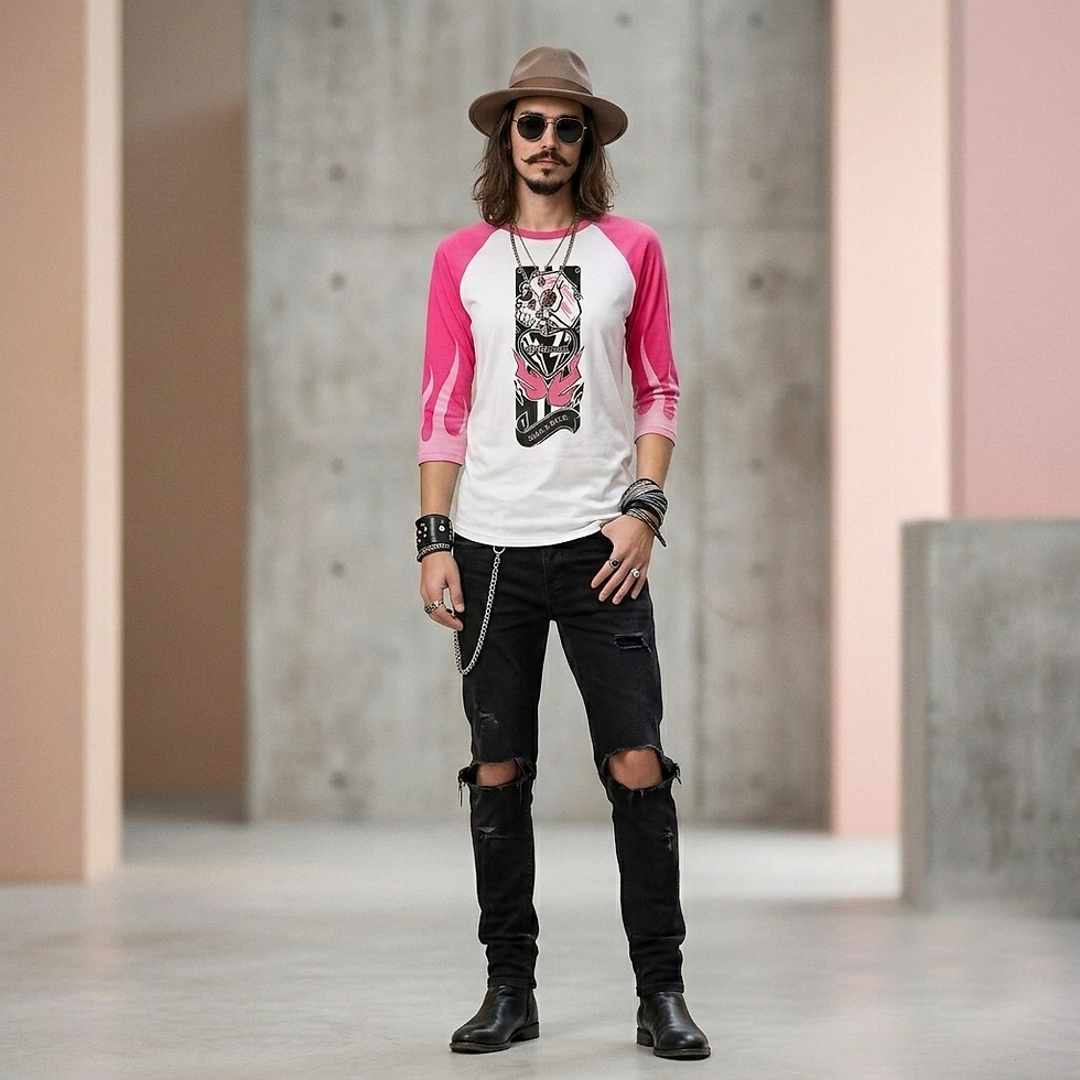 Man wearing the Love & Rock Flamed graphic raglan T-shirt by Rocken with black ripped jeans and boots, showcasing contemporar