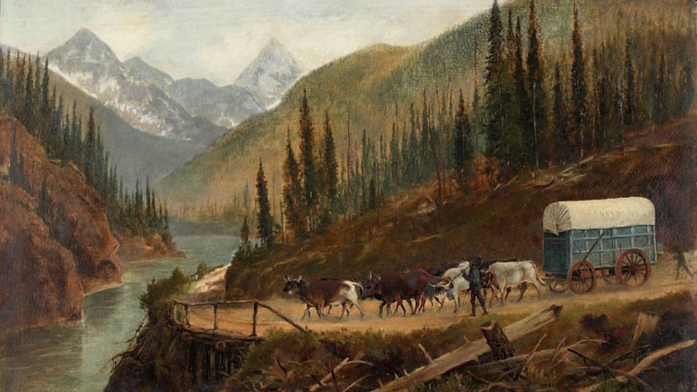 "A Prairie Schooner on the Cariboo Road or in the vicinity of Rogers Pass, Selkirk Mountains” by Edward Roper, 1887.