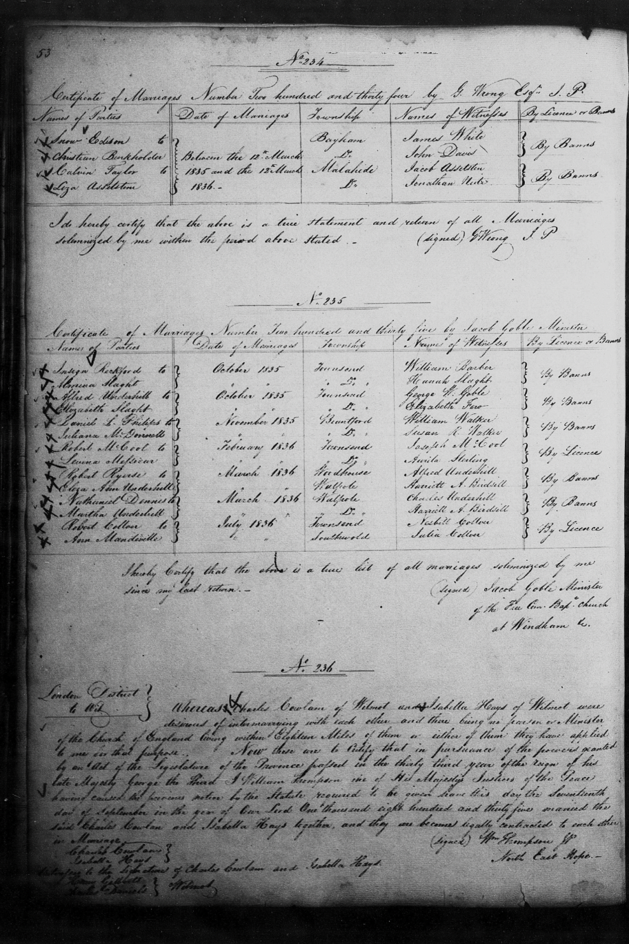 Snow and Christiana’s wedding record, with the “Between the 12th March 1835 and the 12th March 1836” listed as their marriage date.