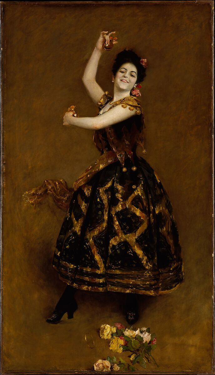 Photo: Carmencita, painted by William Merritt Chase in 1890. Note the gold bracelet and golden flowers which Chase has added at Carmencita’s feet, a sign of the audience’s enthusiasm. Source: The Metropolitan Museum of Art.