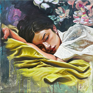 It's Only Forever.
Beautiful and pensive woman lying down, daydreaming, waiting. She impatient but reduced to knowing she can do nothing about it. She lies on a pale yellow-green fabric, gathered beneath her. She is surrounded by shadows and abstract flowers. Her dark hair contrasts with the delicate, floral lace she wears.