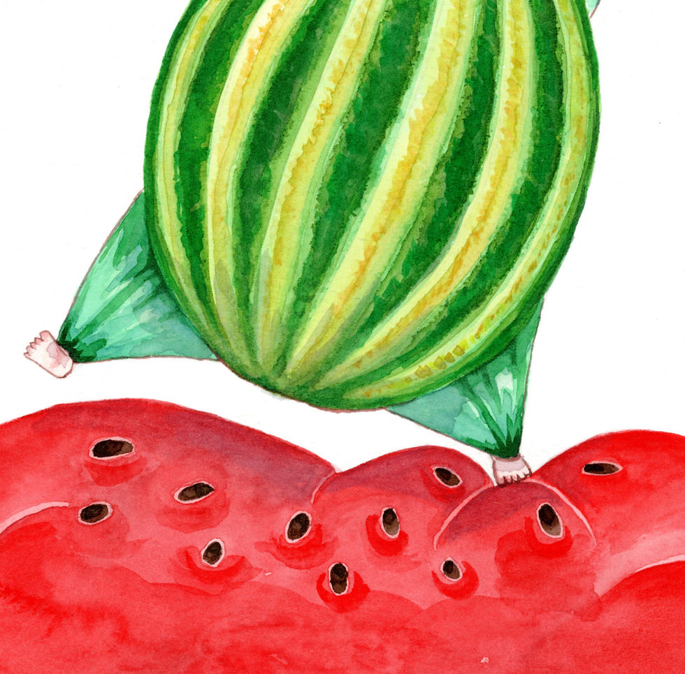 Thumbnail: watermelon, trampoline, bouncing feet, colourful