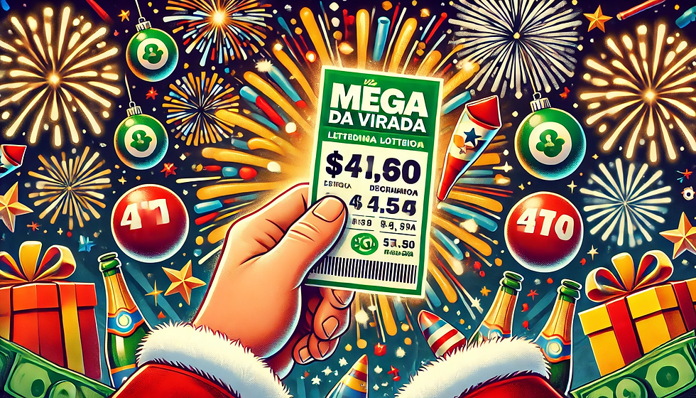 Pessoa segurando um bilhete vencedor da Mega da Virada, com fundo festivo de fogos de artifício e confetes, simbolizando a celebração e emoção de ganhar na loteria durante o Ano Novo.
