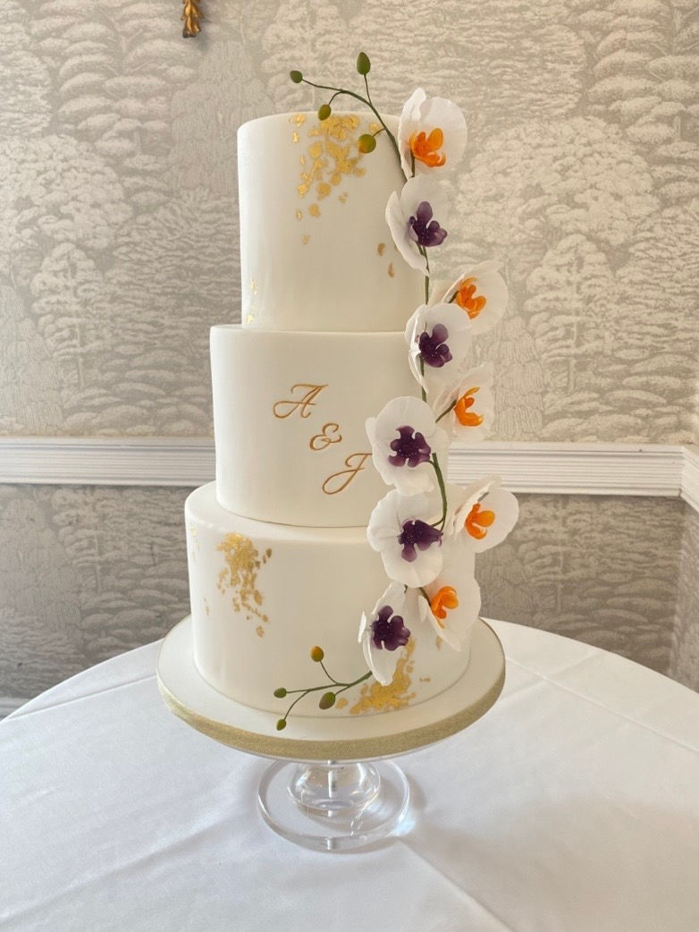 Wedding Cake with Sugar Orchids, Gold Leaf & Embossed Initials