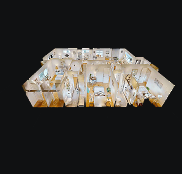 3D rendered dollhouse view of a multi-room modern home floor plan.