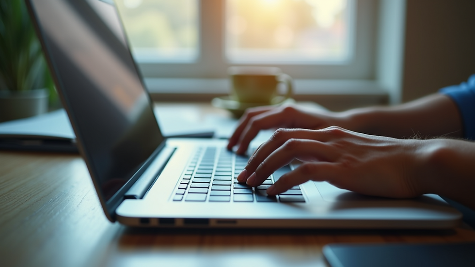 Eye-level view of a person using a laptop with assistive technology