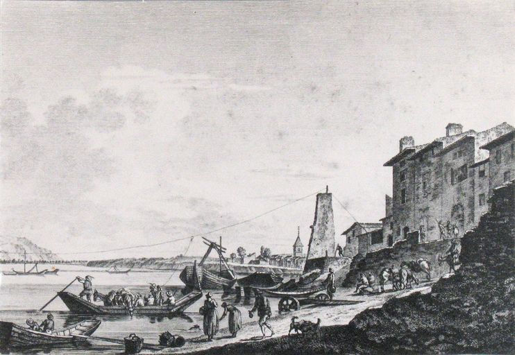 Bac, et bac à traille de Valence AD Drôme. Collection Marius Villard, 8 Fi 72). Reproduction d´une estampe du 18e ou 19e siècle – auteur inconnu