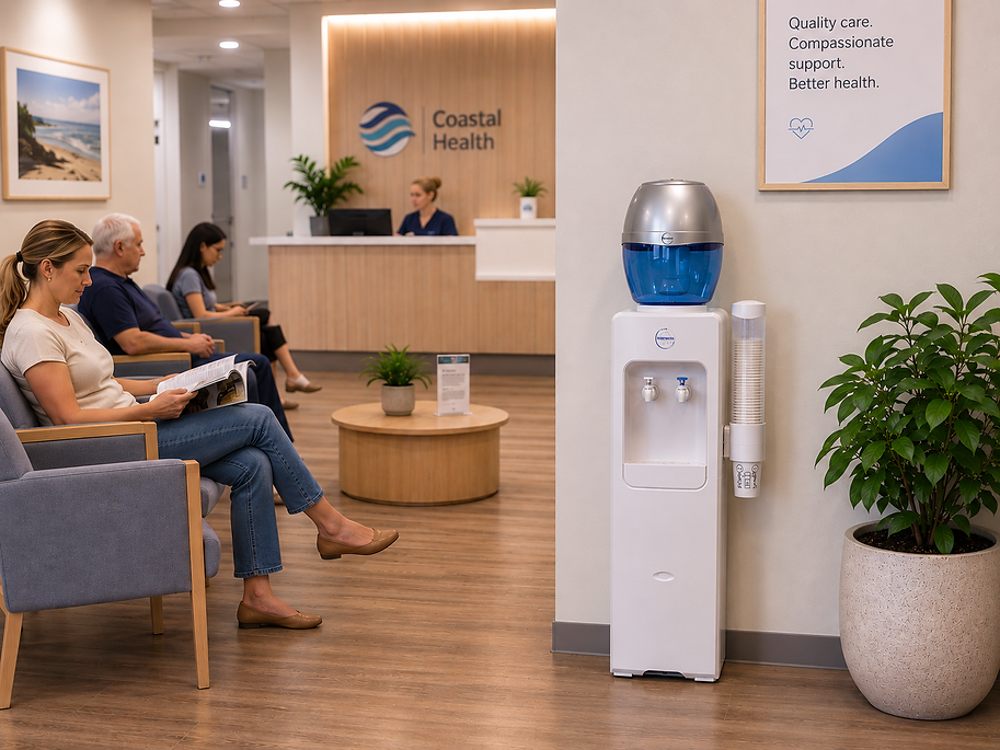 Refillable water dispenser in medical waiting room