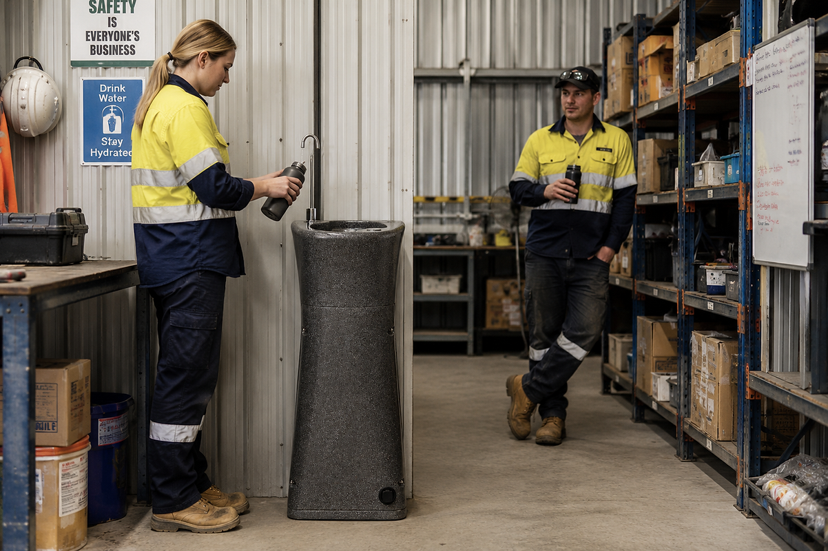RM33 bubbler drinking fountain in use on a construction site