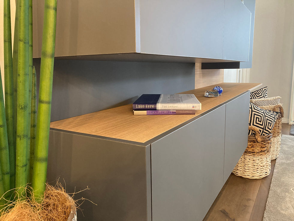 Modern shelf with books and decor in a room. Basket with geometric cushions nearby. Green plant in foreground, creating a tranquil vibe.
