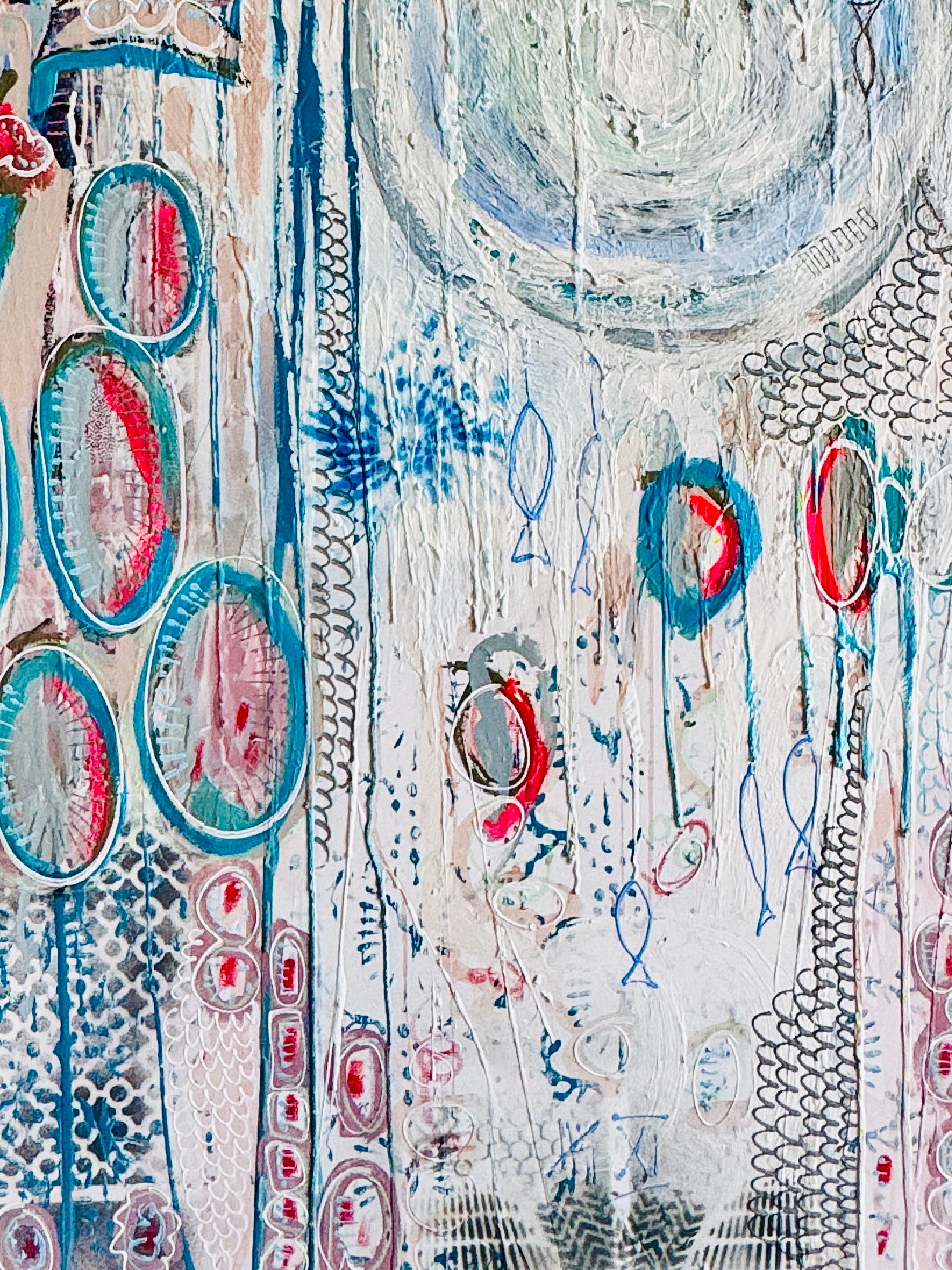 “Alphabet of Tides with Celestial Drift”: Acryl Mixed Media on Canvas