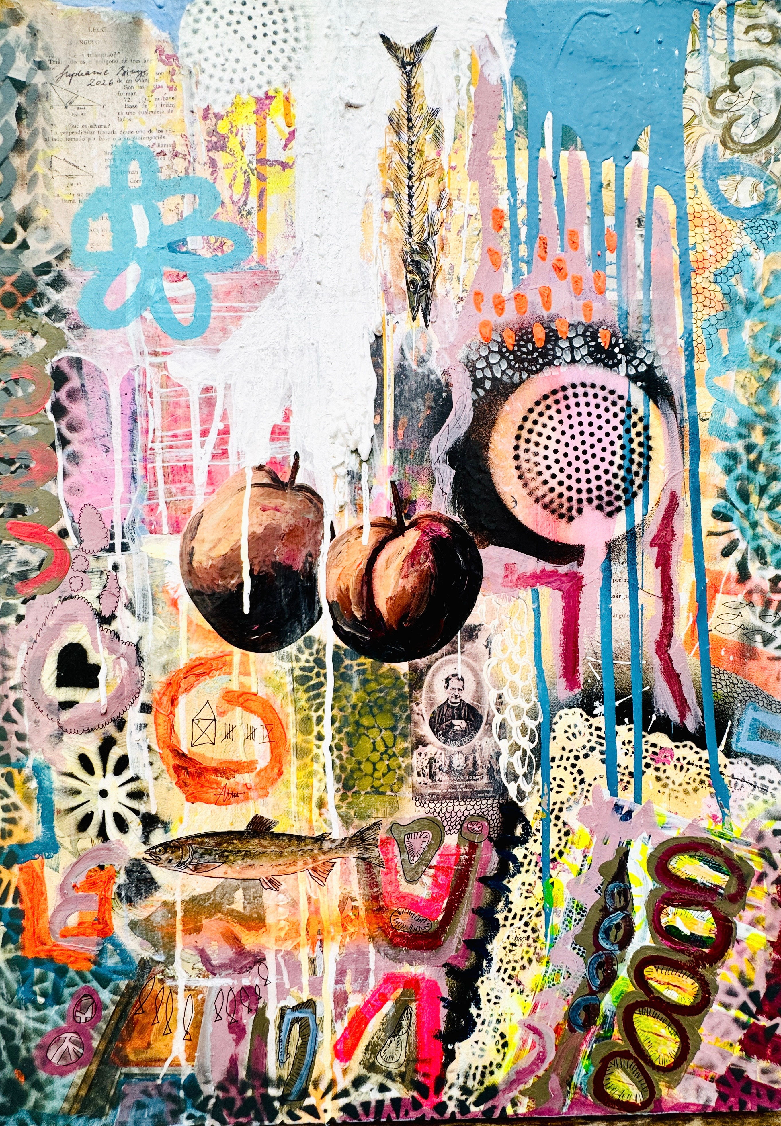 San Juan Bosco mit zwei Pfirsichen 2026: Acryl Mixed Media on Canvas