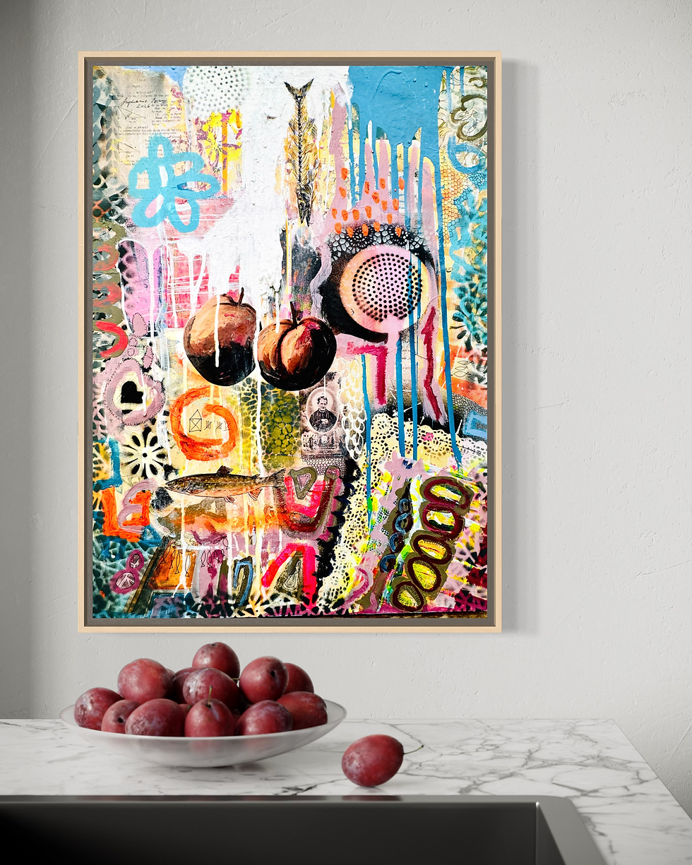 Miniaturbild: San Juan Bosco mit zwei Pfirsichen 2026: Acryl Mixed Media on Canvas