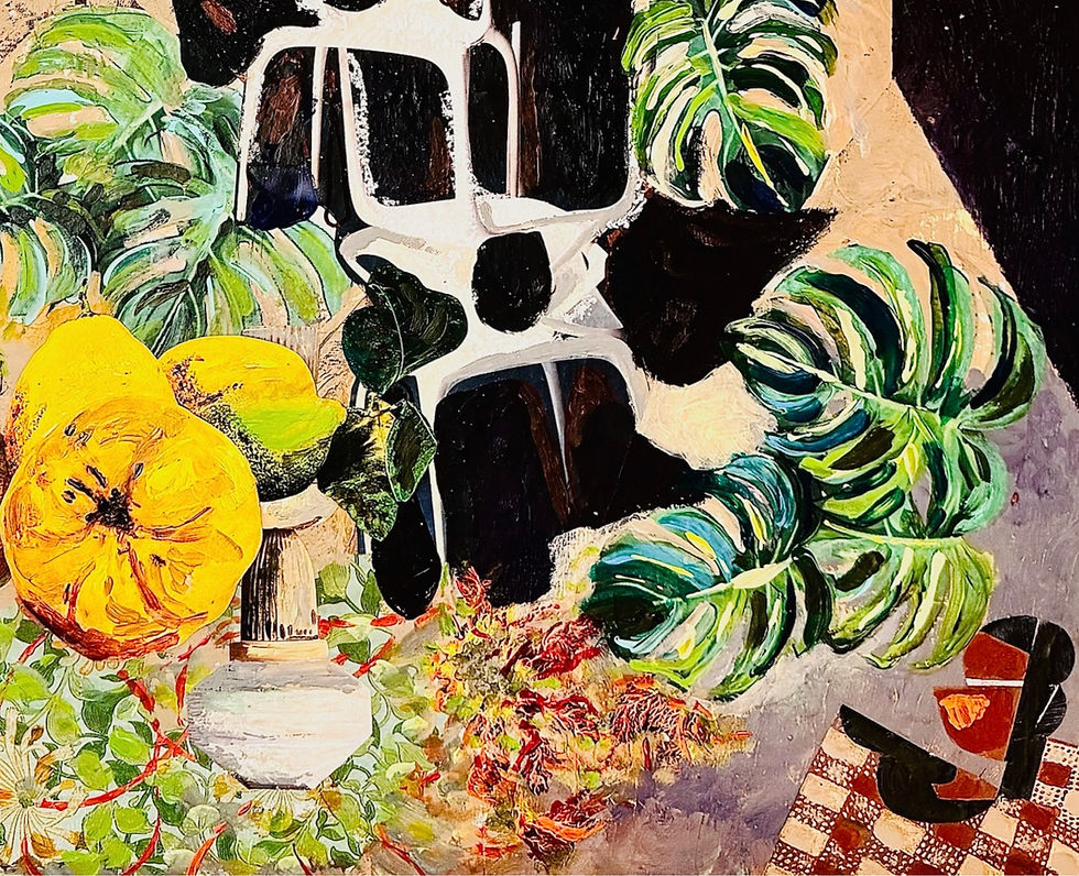Miniaturbild: Apfel und Quitte mit Monstera Fensterblatt 2024: Acryl Mixed Media on Canvas