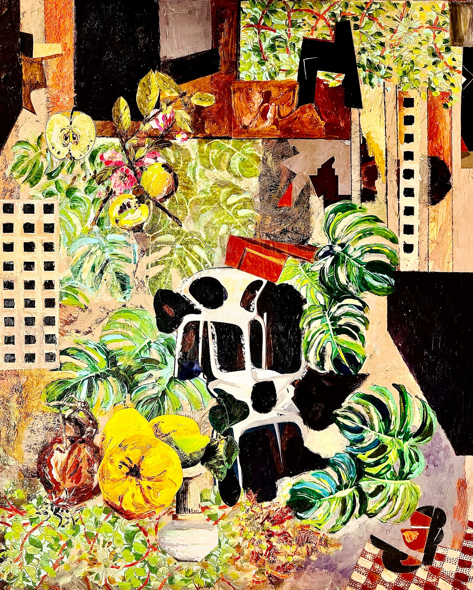 Apfel und Quitte mit Monstera Fensterblatt 2024: Acryl Mixed Media on Canvas