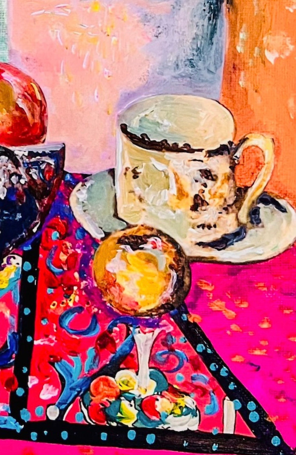 Miniaturbild: Tropisches Stillleben: Koralle, Sanseveria, Forelle, Obst und Kaffeetasse 2023