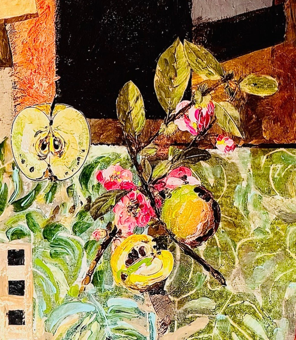 Miniaturbild: Apfel und Quitte mit Monstera Fensterblatt 2024: Acryl Mixed Media on Canvas