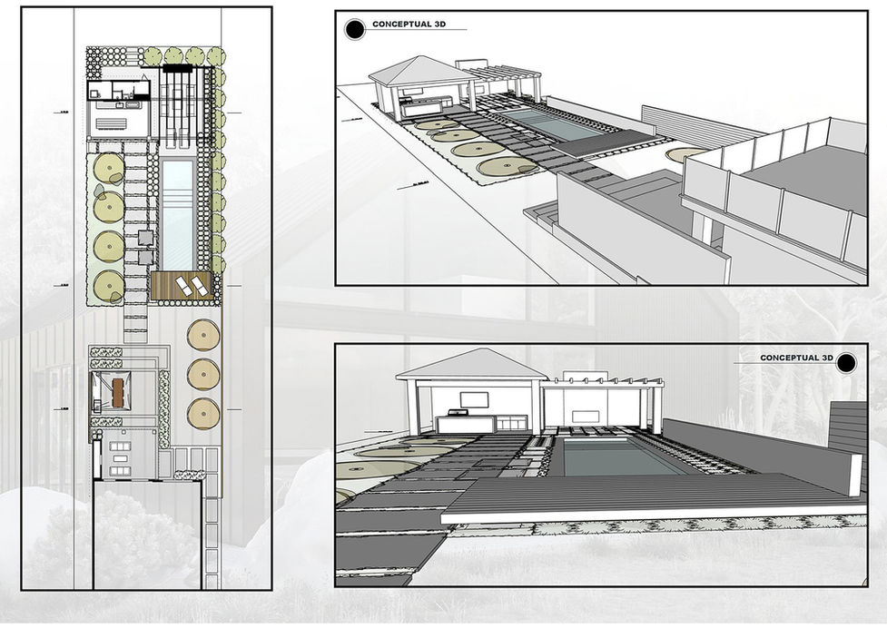 Wireframe perspective study of outdoor site volumes and pool layout. By Black Cabin.