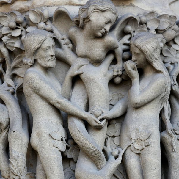 Adam, Eve and Lilith, 13th Century and is located at the entrance portal of the Notre Dame cathedral in Paris.