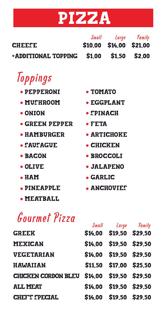 MENU Pizza Chef of NL