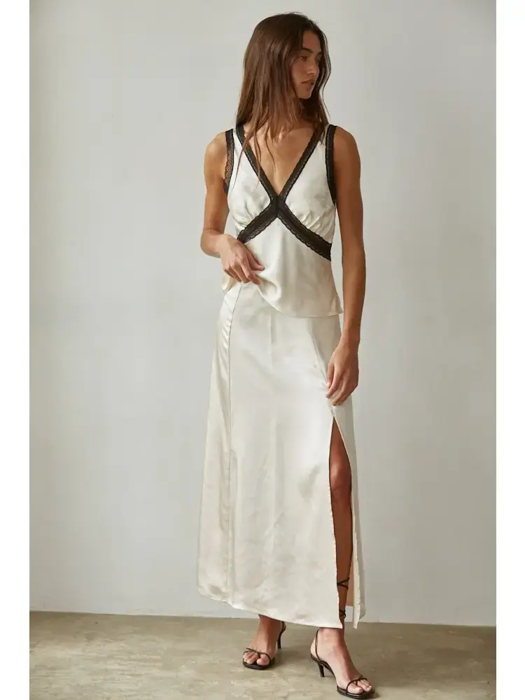 Thumbnail: Woven Satin Contrast Lace Trim Detail Sleeveless Top