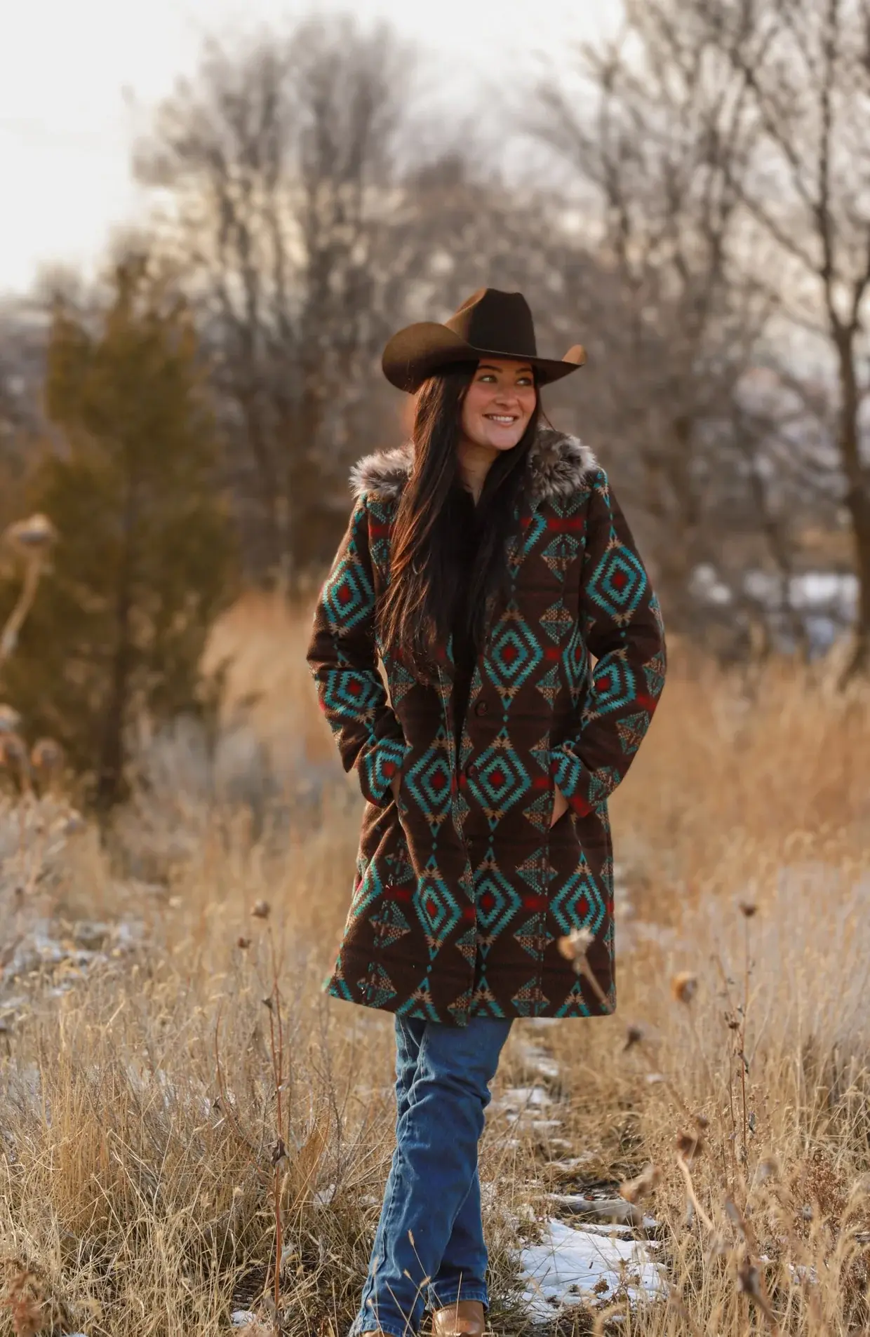 Montana Co. | Ladies Long Aztec Jacket/Coat with Removable Fur Collar