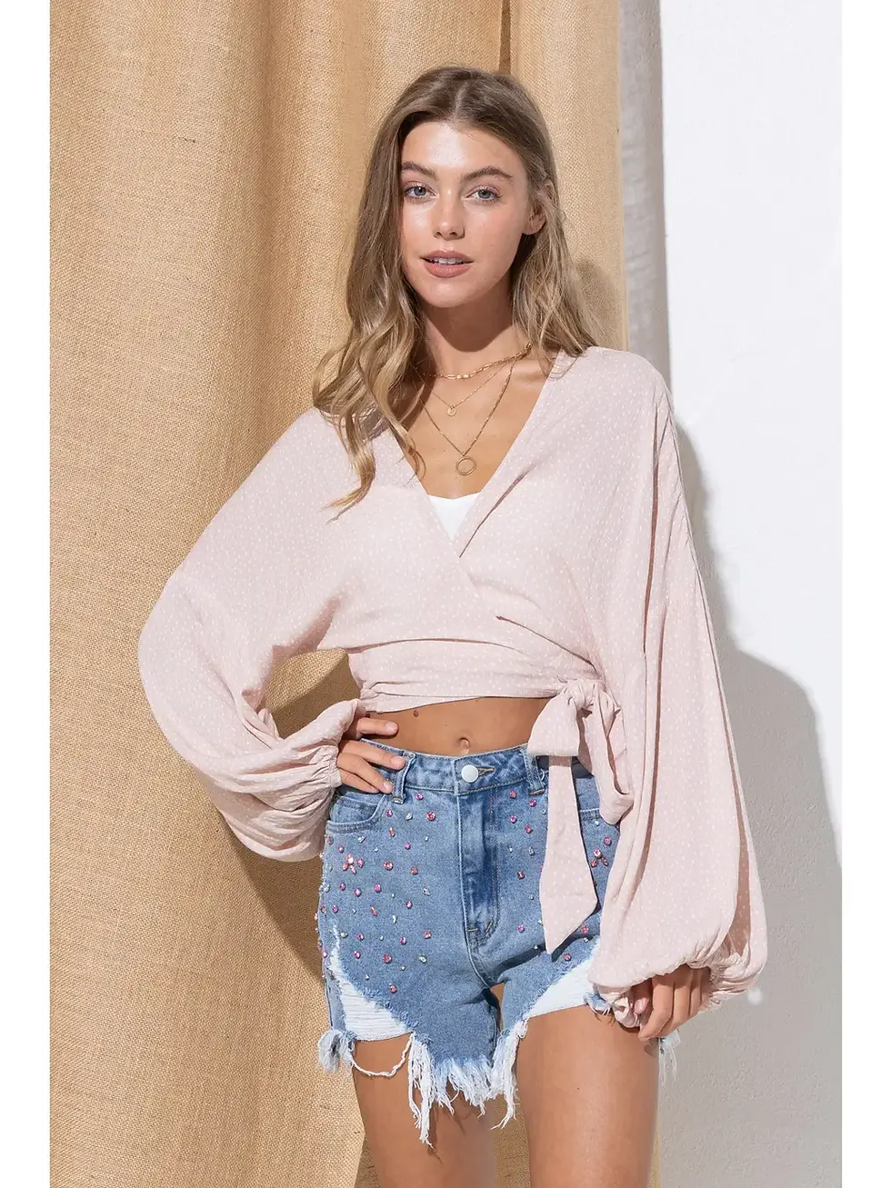 Thumbnail: Blue B | Polka Dot Rayon Crinkle Puff Tie Open Crop Cardigan