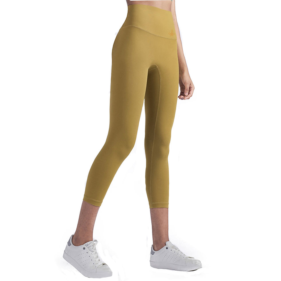Thumbnail: a model wearing the 20-inch Seamless Performance Capri Leggings  in dusty yellow  - side view
