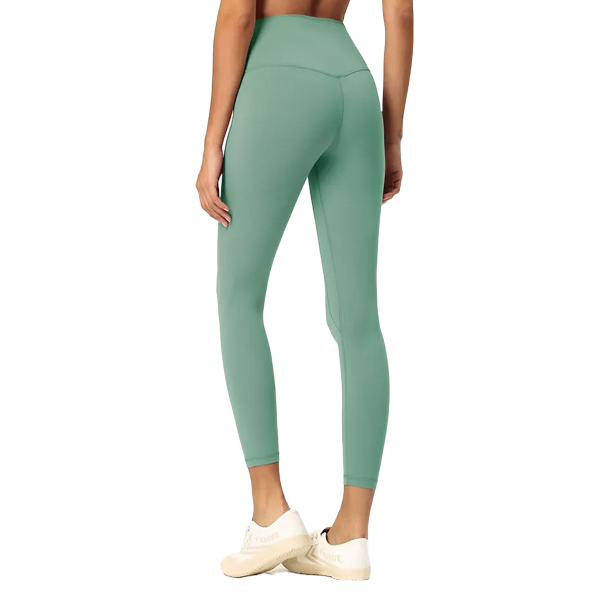 a model wearing the 25-inch soft touch seamless leggings in leafy green - back view