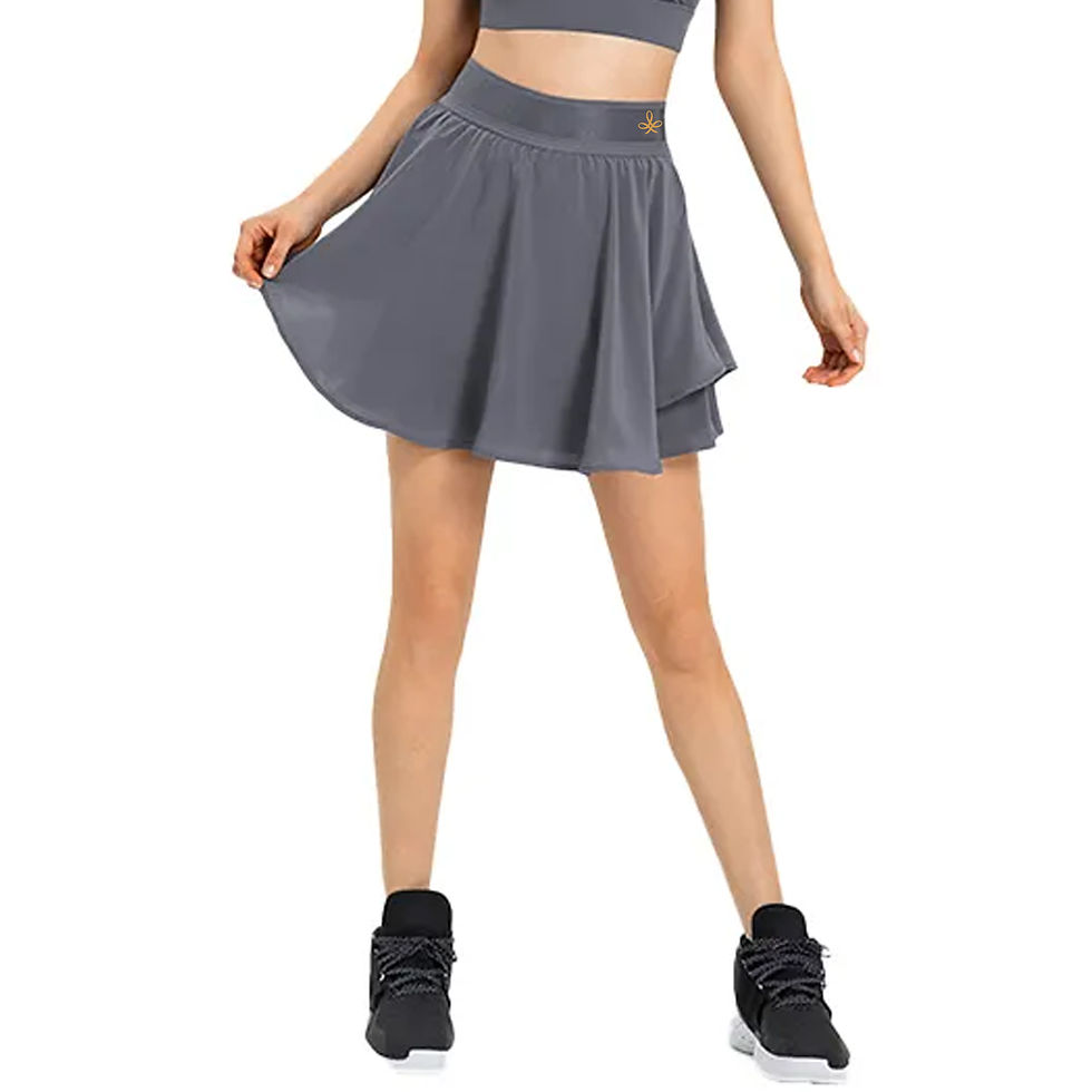 Thumbnail: a front view of the flutter skirt in grey blue on a model