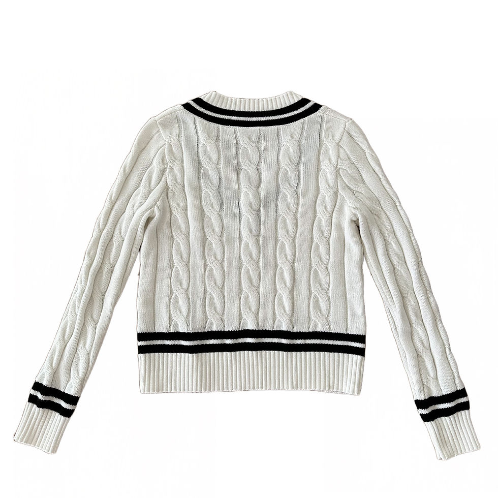 Thumbnail: This picture shows the  LANETHIX - Cable Knit Tennis Sweater in the color white on a white background from the back. 