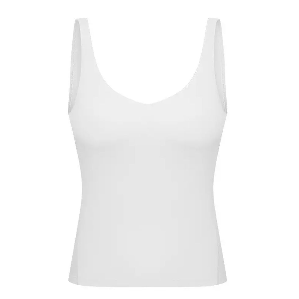 Thumbnail: a photo of the fitted v-neck tank with built-in bra in white - front view
