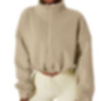 This is the LANETHIX - Hip High Fleece Jacket  in beige displayed on a person. 
