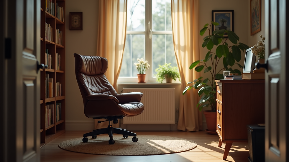 Eye-level view of a comfortable ergonomic chair in a cozy reading nook