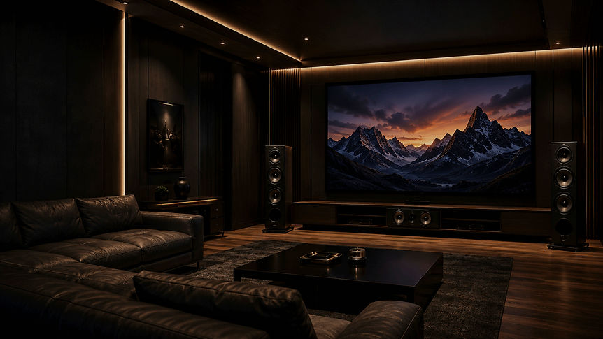 Modern home theater with large screen and mountain landscape