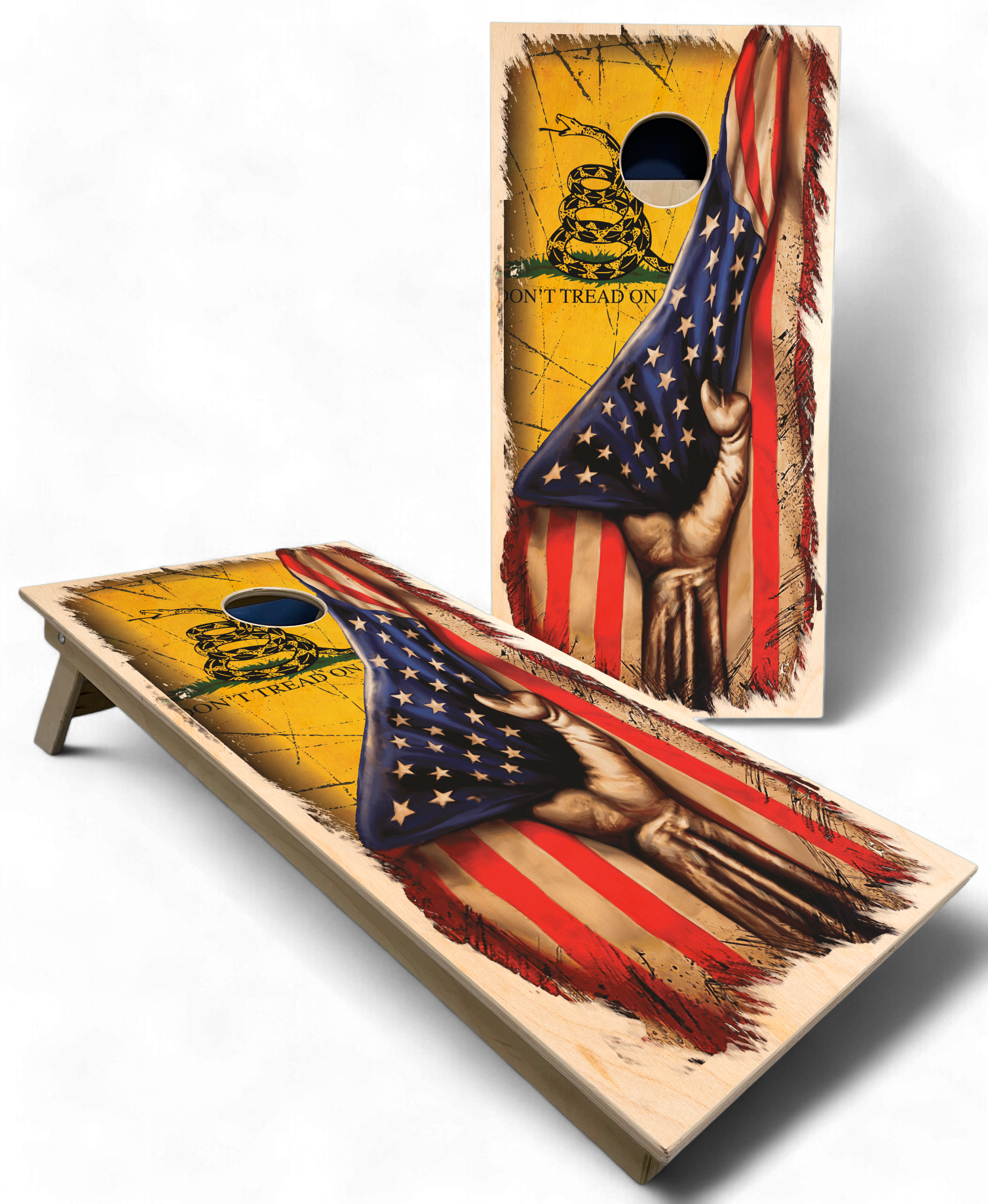 Don't Tread on Me Tattered Flag Cornhole Boards