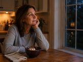 A middle-aged woman sits alone at a kitchen table in the evening, thoughtfully gazing out a window while a bowl of ice cream rests in front of her. Warm indoor lighting and a cozy home setting create a reflective, quiet moment.