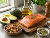 Fresh salmon, avocado, mixed nuts, pumpkin seeds, and olive oil are arranged on a kitchen countertop near a sunlit window, highlighting several natural sources of healthy dietary fats.