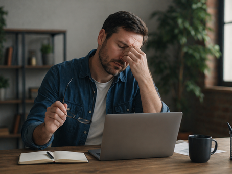 Middle-aged man sitting at a desk in a home office, rubbing his eyes with a fatigued expression while looking at a laptop, with a notebook and coffee mug nearby—illustrating mental fatigue and lack of restorative sleep.