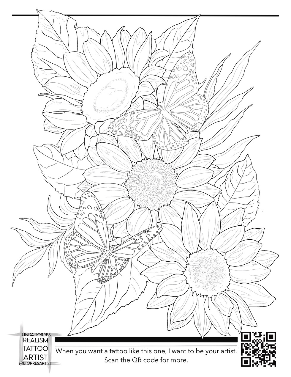 three sunflowers with two butterflies hovering
