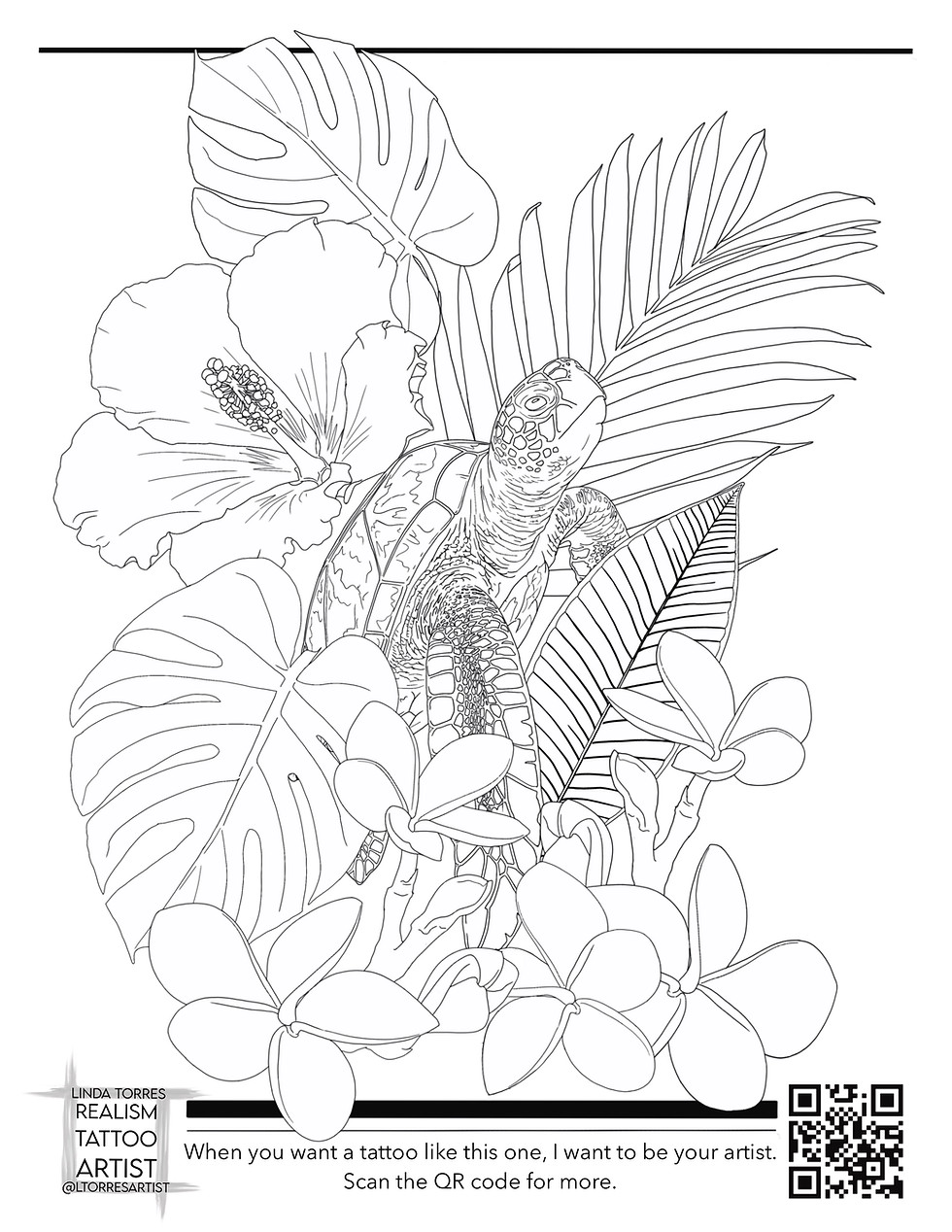 Sea Turtle with monstara, hibiscus, plumeria and palm