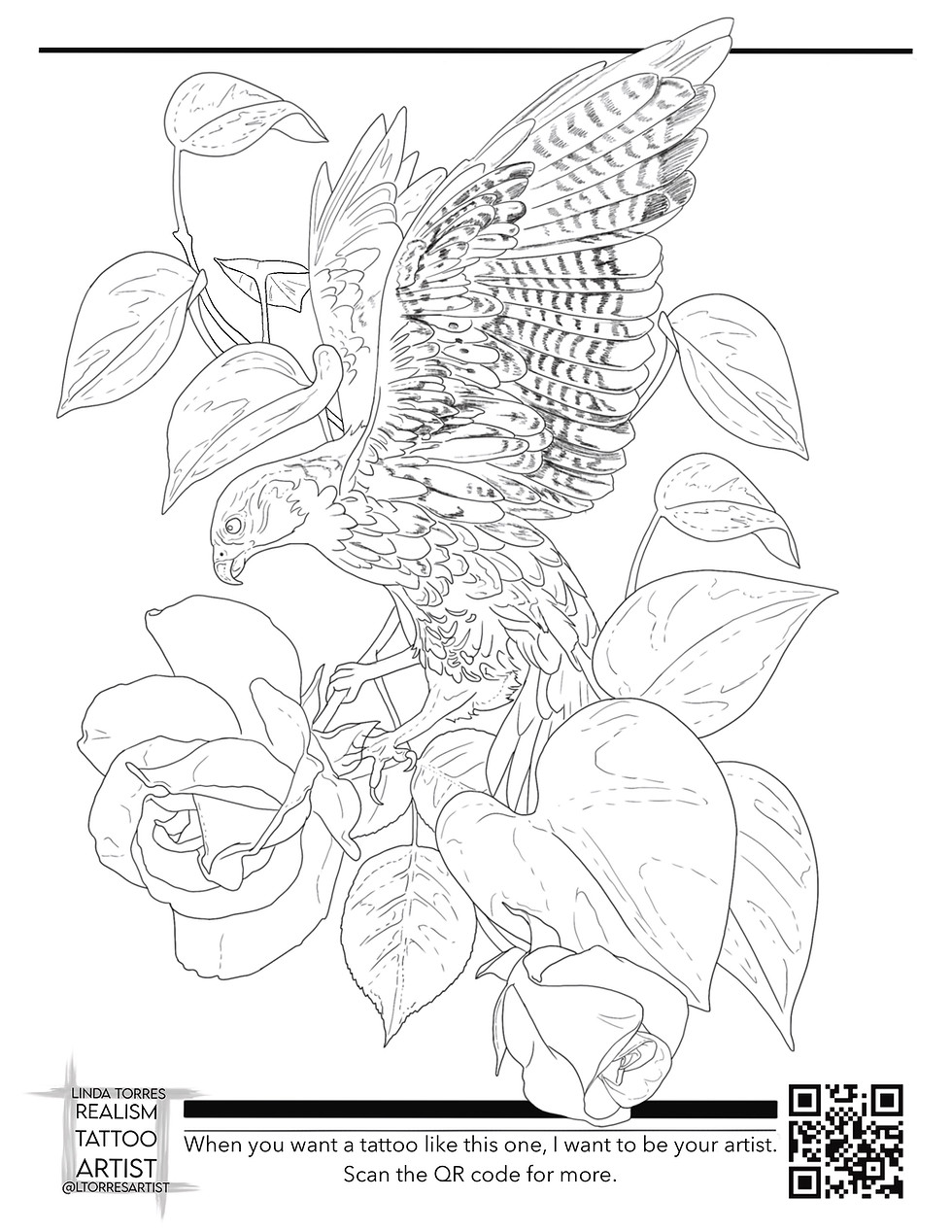 Hawk in flight with roses and pathos vines