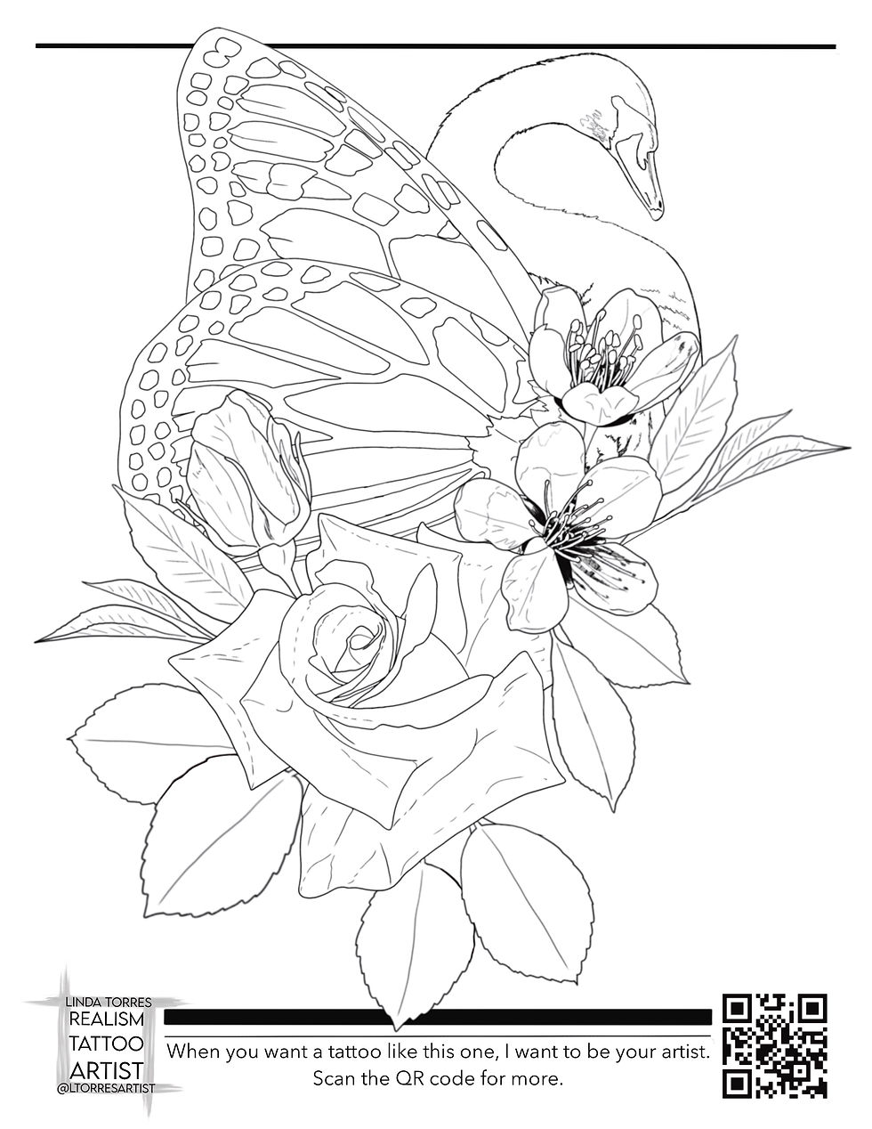 swan with butterfly wings with roses and cherry blossoms