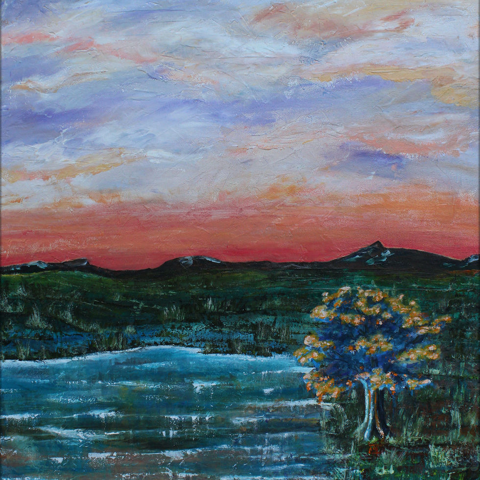 Landscape with rolling hills, a red sunset, soft purple clouds, and a single tree by calm water with palette knife texture