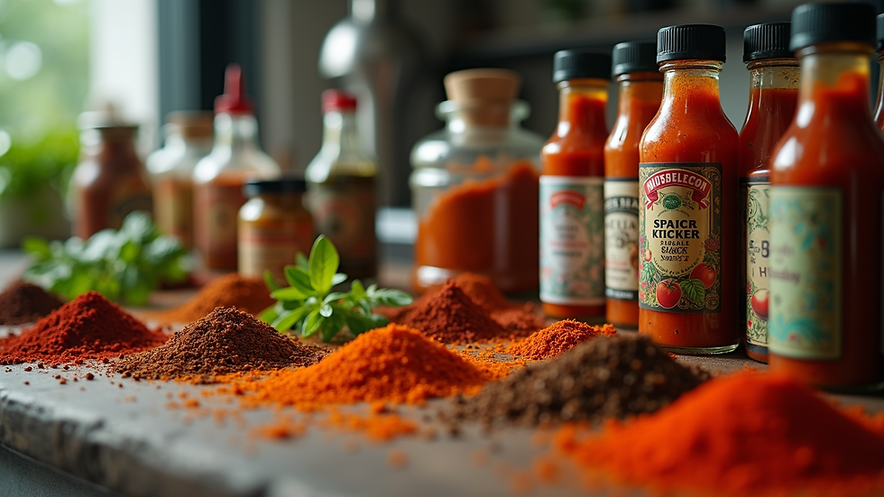 Eye-level view of a kitchen counter with various Indian spices and chili sauce bottles